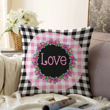 Siyah Beyaz Ekose Pembe Love Temalı Modern Raşel Yastık Kırlent Kılıfı