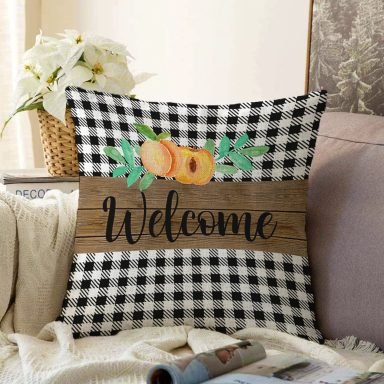 Siyah Beyaz Ekose Welcome Temalı Modern Raşel Yastık Kırlent Kılıfı
