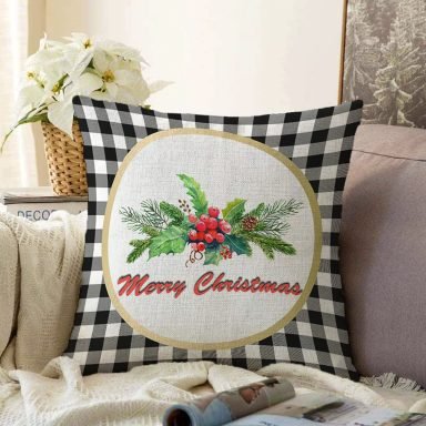 Mery Christmas Ekose Temalı Dijital Baskılı Modern Raşel Yastık Kırlent Kılıfı