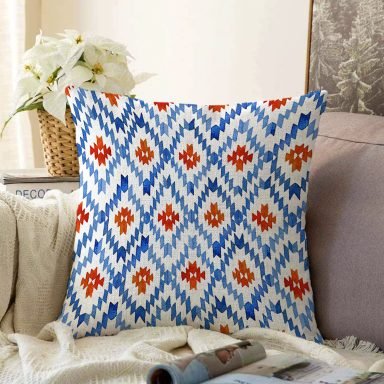 Geometrik Mavi Çini Desenli Modern Raşel Yastık Kırlent Kılıfı