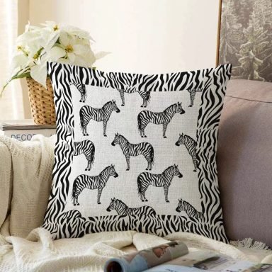 Zebra Çerçeveli Zebra Desenli Dijital Baskılı Dekoratif Raşel Yastık Kırlent Kılıfı
