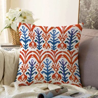 Mavi Kırmızı Damask Motifli Dekoratif Raşel Yastık Kırlent Kılıfı