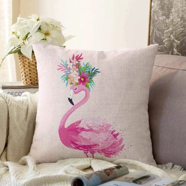 Pembe Flamingo Motifli Dijital Baskılı Raşel Yastık Kırlent Kılıfı