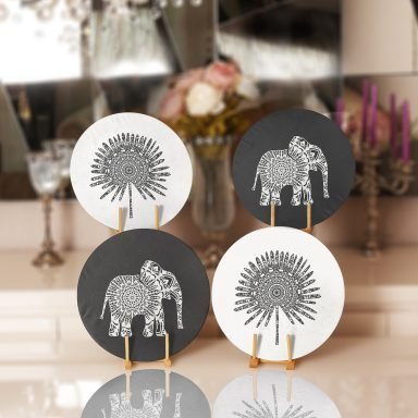 Karakalem Etnik Fil Motifli Tropik Yaprak Tasarımlı Yuvarlak Servis Altlığı & Supla