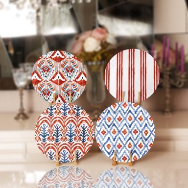 Kırmızı Mavi Suluboya Tasarımlı Dijital Baskuılı Yuvarlak Servis Altlığı & Supla