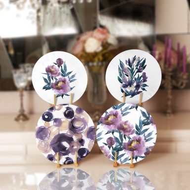 Eflatun Renkli Gül Tasarımlı Dijital Baskılı Modern Yuvarlak Servis Altlığı & Supla