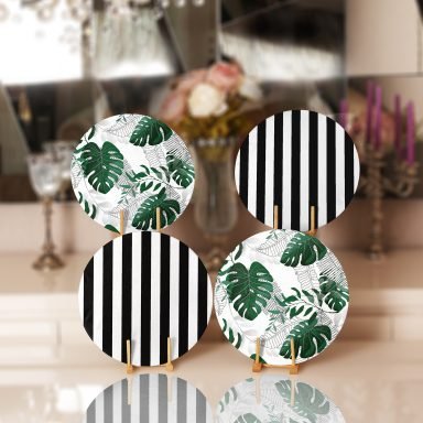Siyah Beyaz Çizgili Tropik Yapraklar Özel Tasarım Modern Yuvarlak Servis Altlığı & Supla