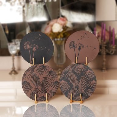 Koyu Temalı Tropik Yaprak Karahindiba Tasarımlı Yuvarlak Servis Altlığı & Supla