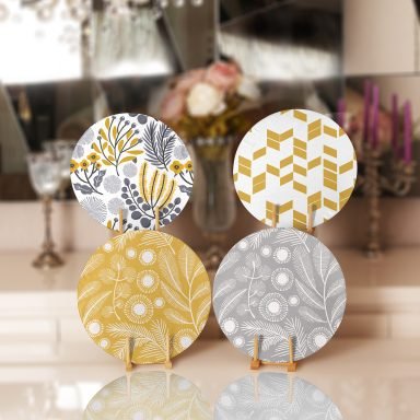 Sarı Gri Tropik Çiçekler Özel Tasarımlı Dekoratif Yuvarlak Servis Altlığı & Supla