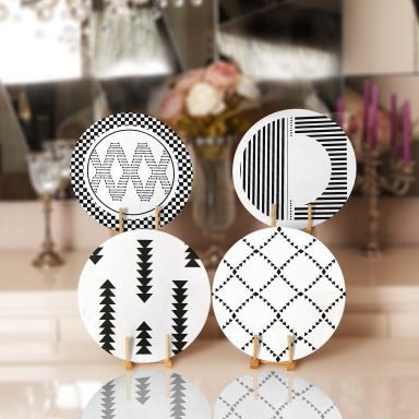 Siyah Beyaz Geometrik Çizgili Dekoratif Yuvarlak Servis Altlığı & Supla