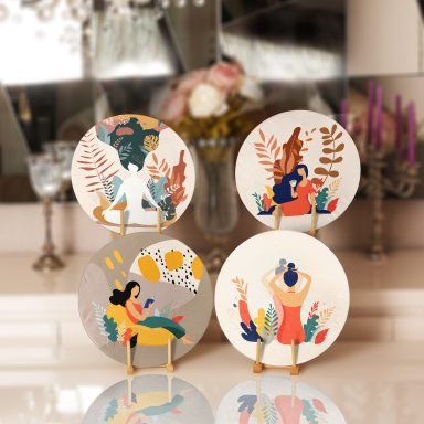 Tropik Yapraklar Kadın Tasarımlı Dijital Baskılı Modern Yuvarlak Servis Altlığı & Supla