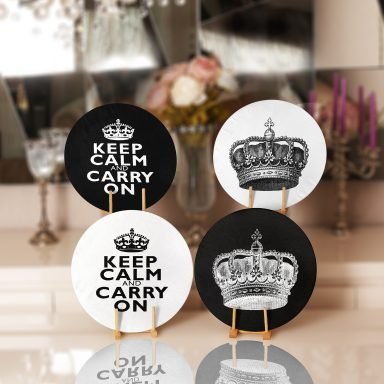 Siyah Beyaz Temalı Kral Tacı Tasarımlı Dijital Baskılı Yuvarlak Servis Altlığı & Supla