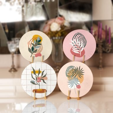 Tropik Yapraklar Onedraw Temalı Dijital Baskılı Dekoratif Yuvarlak Servis Altlığı & Supla