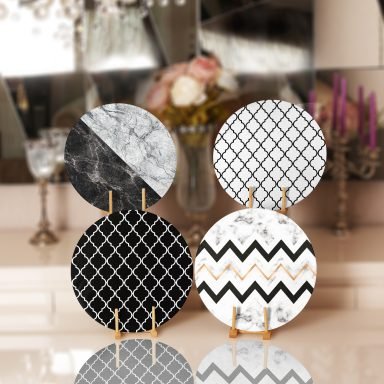 Siyah Beyaz Ogea Motifli Mermer Tasarımlı Yuvarlak Servis Altlığı & Supla