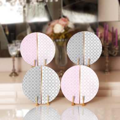 Pembe Gri Ogea Motifli Dijital Baskılı Dekoratif Yuvarlak Servis Altlığı & Supla