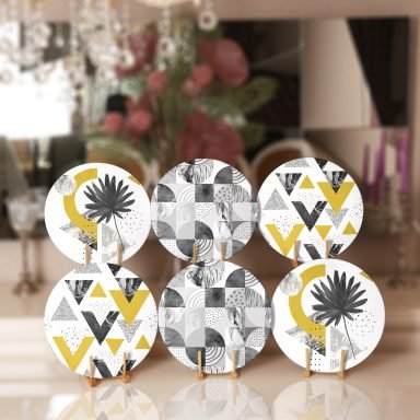 6'lı Geometrik Üçgen Tasarımlı Tropik Yaprak Motifli Dijital Baskılı Yuvarlak Servis Altlığı & Supla