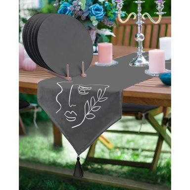 Realhomes Koyu Füme Oneline Yüz Tasarımlı Püsküllü Runner & 6'lı Siyah Düz Renk Supla - Servis Altlığı