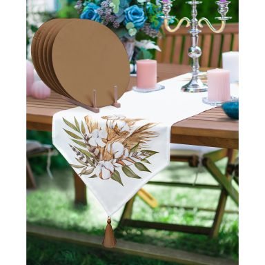 Realhomes Sonbahar Temalı Kurumuş Yaprak Tasarımlı Püsküllü Runner & 6'lı Kahverengi Düz Renk Supla - Servis Altlığı