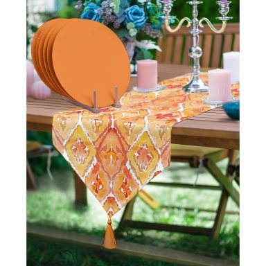 Realhomes Turuncu Damask Tasarımlı Püsküllü Runner & 6'lı Turuncu Düz Renk Supla - Servis Altlığı