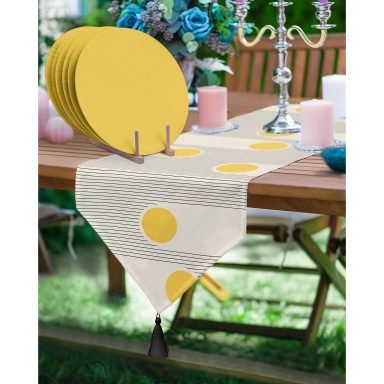 Realhomes Krem Zemin Çizgili Tasarımlı Püsküllü Runner & 6'lı Hardal Düz Renk Supla - Servis Altlığı