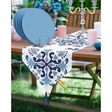 Realhomes Mavi Çini Motifli Püsküllü Runner & 6'lı Mavi Düz Renk Supla - Servis Altlığı