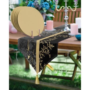 Realhomes Açık Kahve Çiçek Motifli Püsküllü Runner & 6'lı Hardal Düz Renk Supla - Servis Altlığı