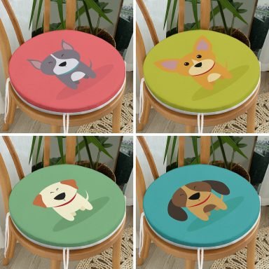 4'lü Sevimli Köpekcikler Yuvarlak Fermuarlı Sandalye Minderi Seti