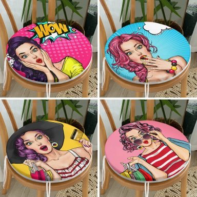 4'lü Fashion Girl Konseptli Yuvarlak Fermuarlı Sandalye Minderi Seti