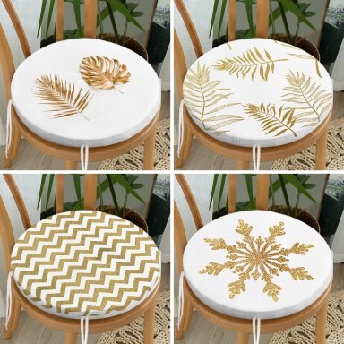 4'lü Altın Varaklı Yaprak ve Zigzag Motifli Yuvarlak Fermuarlı Sandalye Minderi Seti