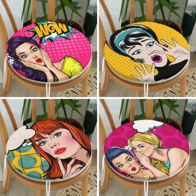 4'lü Pop-Art Fashion Girl Yuvarlak Fermuarlı Sandalye Minderi Seti