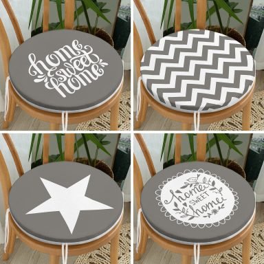 4'lü Gri Motifli Home Sweet Temalı Yuvarlak Fermuarlı Sandalye Minderi Seti