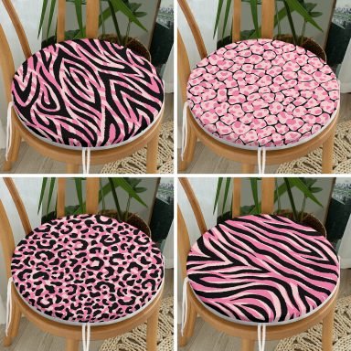 4'lü Renkli Zemin Üzerinde Zebra Desenli Modern Yuvarlak Fermuarlı Sandalye Minderi Seti