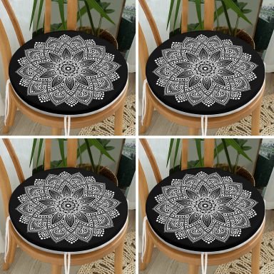 4'lü Mandala Desen Tasarımlı Dijital Baskılı Yuvarlak Fermuarlı Sandalye Minderi Seti