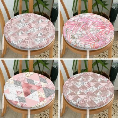 4'lü Geometrik Mermer Desenli Pembe Çiçek Motifli Dijital Baskılı Modern Yuvarlak Fermuarlı Sandalye Minderi Seti