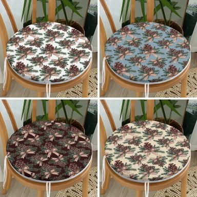 4'lü Pastel Zeminli Kozalak Tasarımlı Dijital Baskılı Modern Yuvarlak Fermuarlı Sandalye Minderi Seti