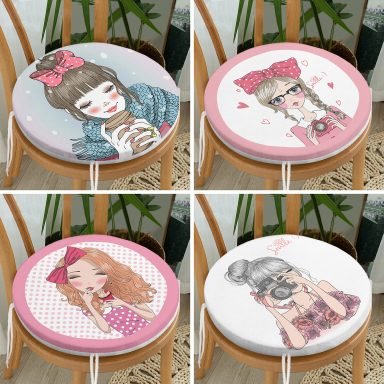 4'lü Sevimli Pop-Art Çizimli Kızlar Yuvarlak Fermuarlı Sandalye Minderi Seti