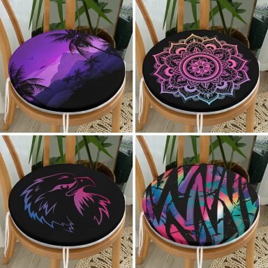 4'lü Neon Geometrik Çizim Tasarımlı Modern Dijital Baskılı Yuvarlak Fermuarlı Sandalye Minderi Seti
