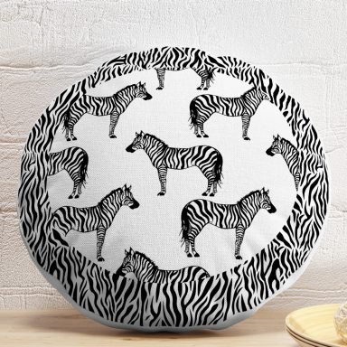 Zebra Çerçeveli Zebra Desenli Dijital Baskılı Dekoratif Yuvarlak Kırlent Kılıfı
