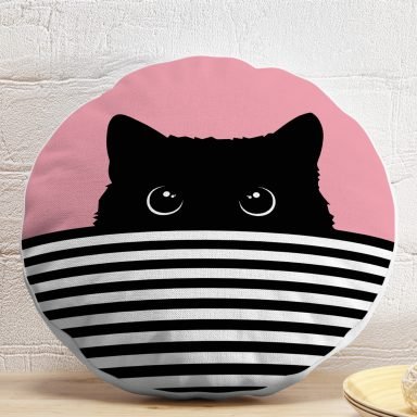 Pembe Zemin Çizgili Motif Kara Kedi Tasarımlı Modern Yuvarlak Yastık Kırlent Kılıfı