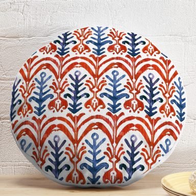 Mavi Kırmızı Damask Motifli Dekoratif Yuvarlak Yastık Kırlent Kılıfı
