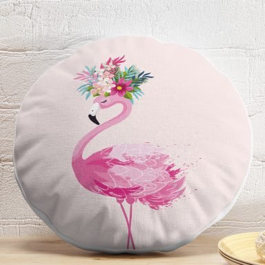 Pembe Flamingo Motifli Dijital Baskılı Yuvarlak Yastık Kırlent Kılıfı