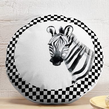 Damalı Çerçeve Motifli Zebra Desenli Dekoratif Yuvarlak Yastık Kırlent Kılıfı