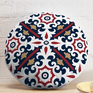 Lacivert Bordo Damask Motifli Modern Yuvarlak Yastık Kırlent Kılıfı